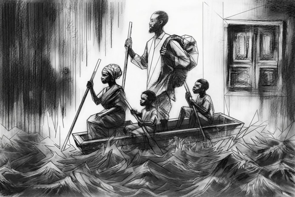 Climate Migration #1, a monochrome carbon artwork by Abhi