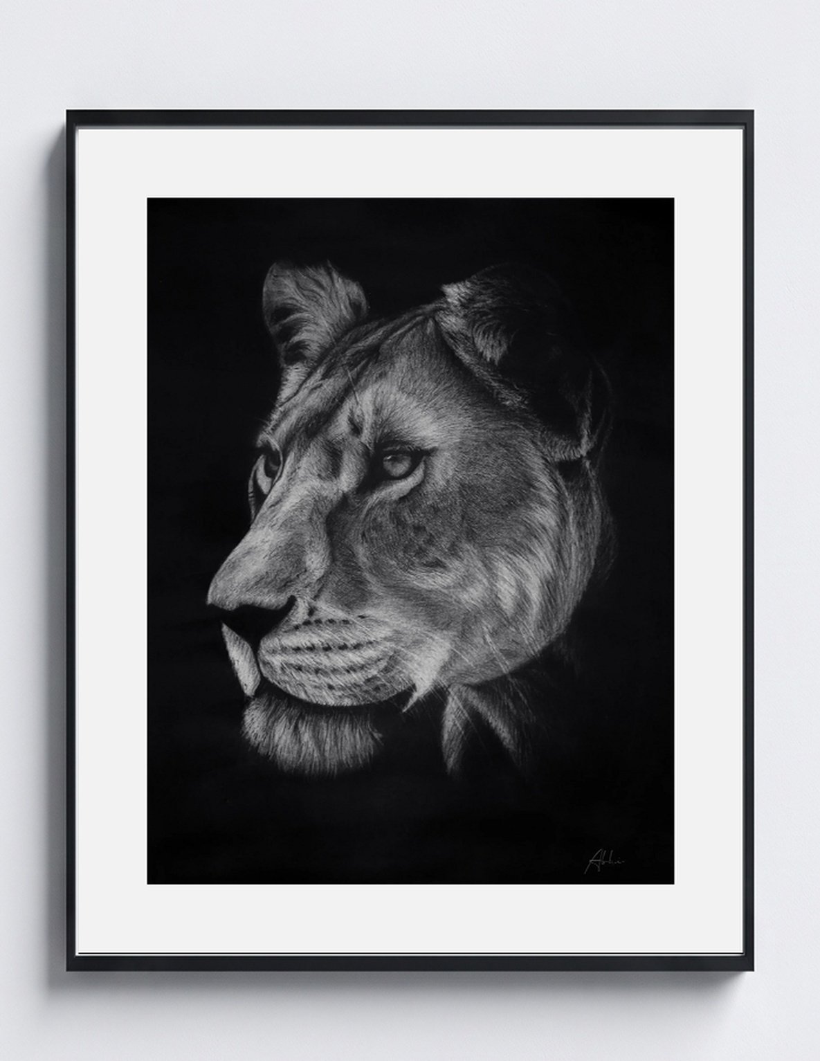 Lioness, framed-close representation with equal two-inch paper-matched mat borders; not to scale