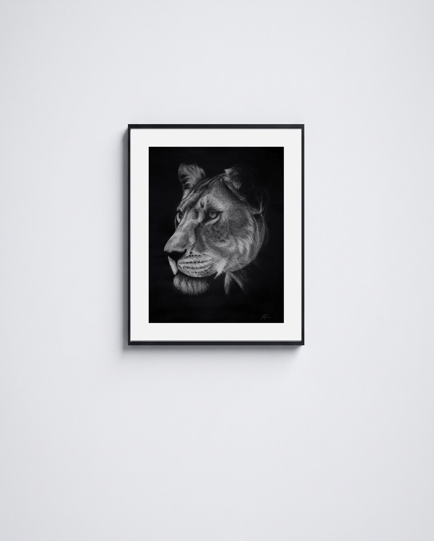 Lioness, framed representation with equal two-inch paper-matched mat borders; not to scale